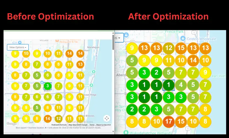 Steamly Pro LLC Google Maps local rank grid before and after optimization, showing more first-page and top-3 positions after the work