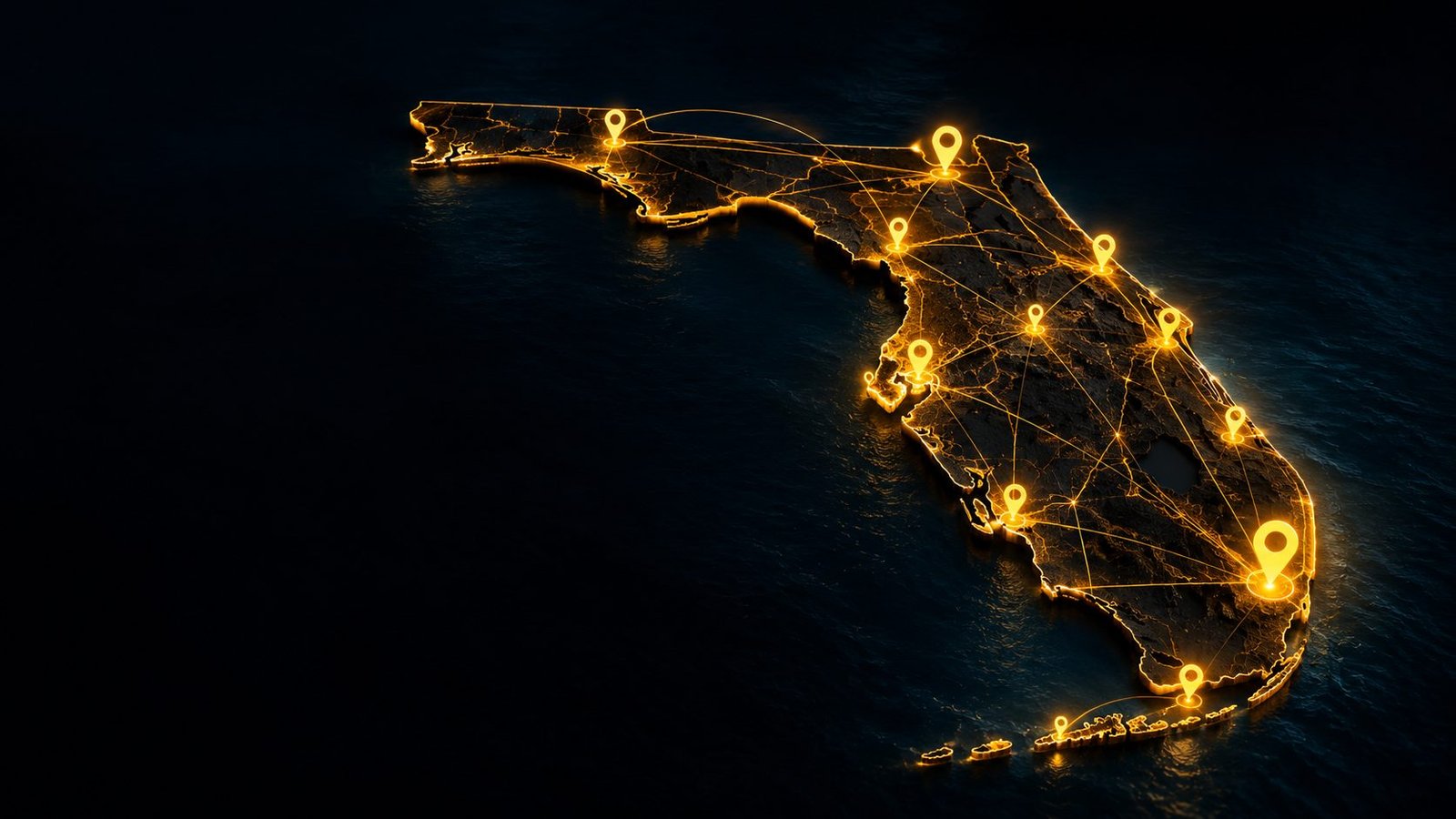 3D Florida map with glowing location pins on major cities, representing local SEO in Florida and Google Maps visibility